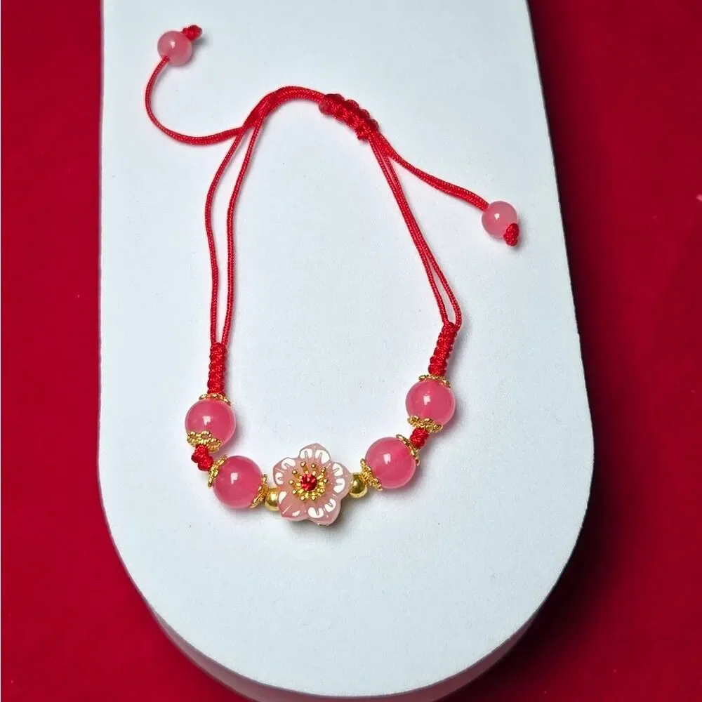 Lucky Red String Flower Bracelet Pink Beaded Adjustable Friendship Gift Feminine